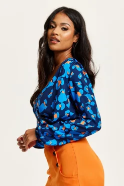 Blouses^Liquorish Abstract Print Wrap Top In Pink Orange And Blue Multicolor