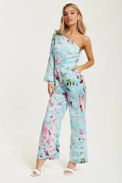 Jumpsuits^Liquorish Abstract Print One Shoulder Jumpsuit Blue