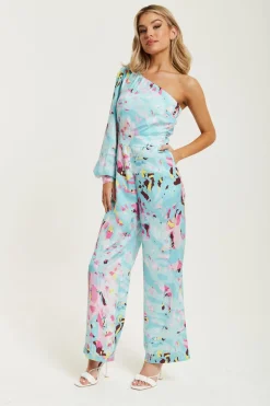 Jumpsuits^Liquorish Abstract Print One Shoulder Jumpsuit Blue