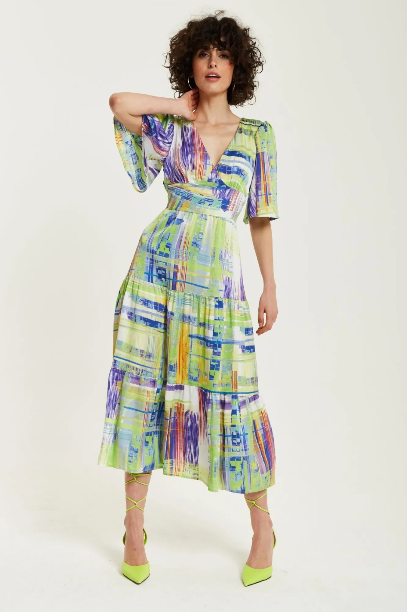 Midi Dresses^Liquorish Abstract Print Midi Dress With Short Sleeves Green