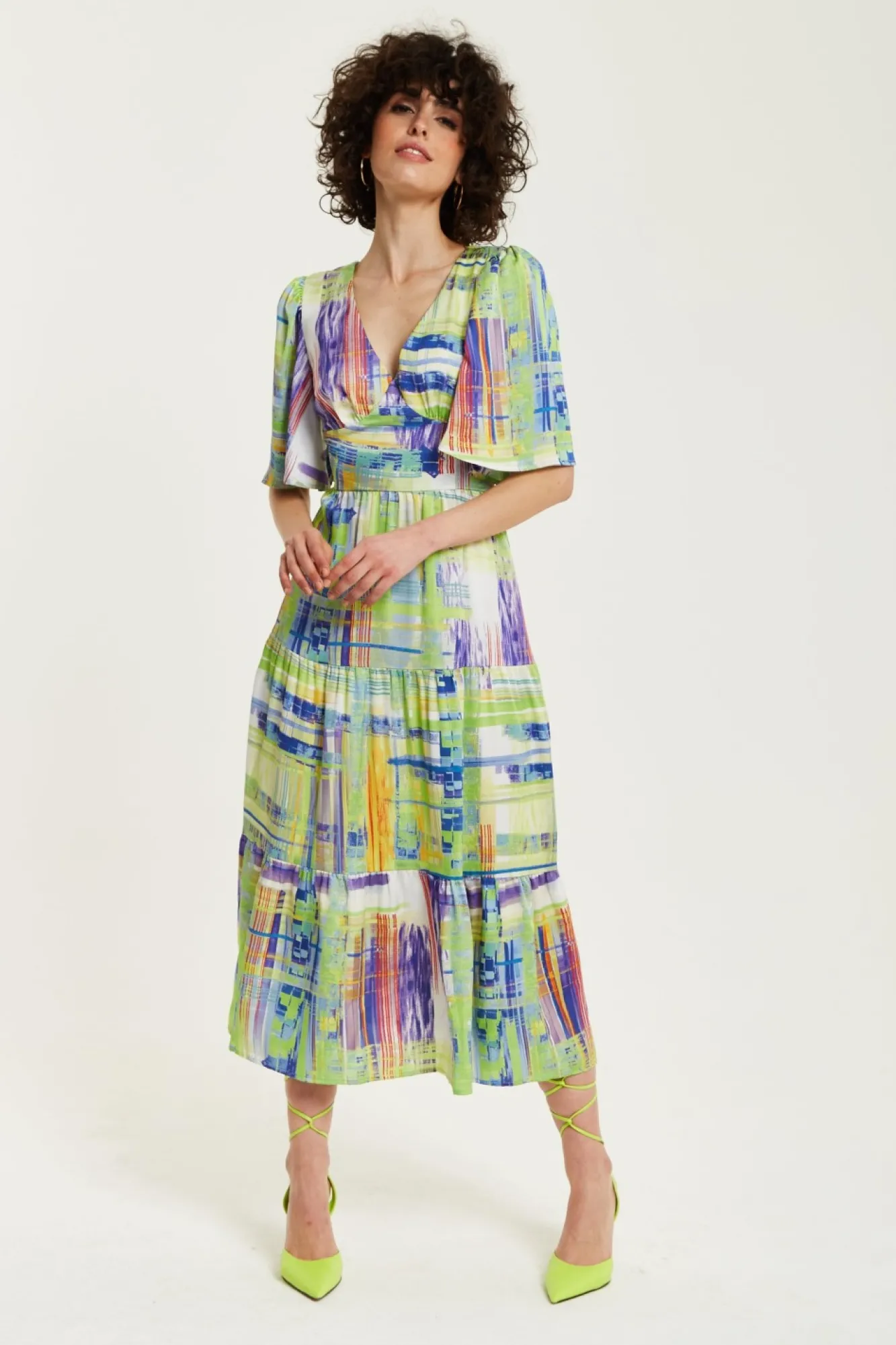 Midi Dresses^Liquorish Abstract Print Midi Dress With Short Sleeves Green