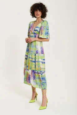 Midi Dresses^Liquorish Abstract Print Midi Dress With Short Sleeves Green