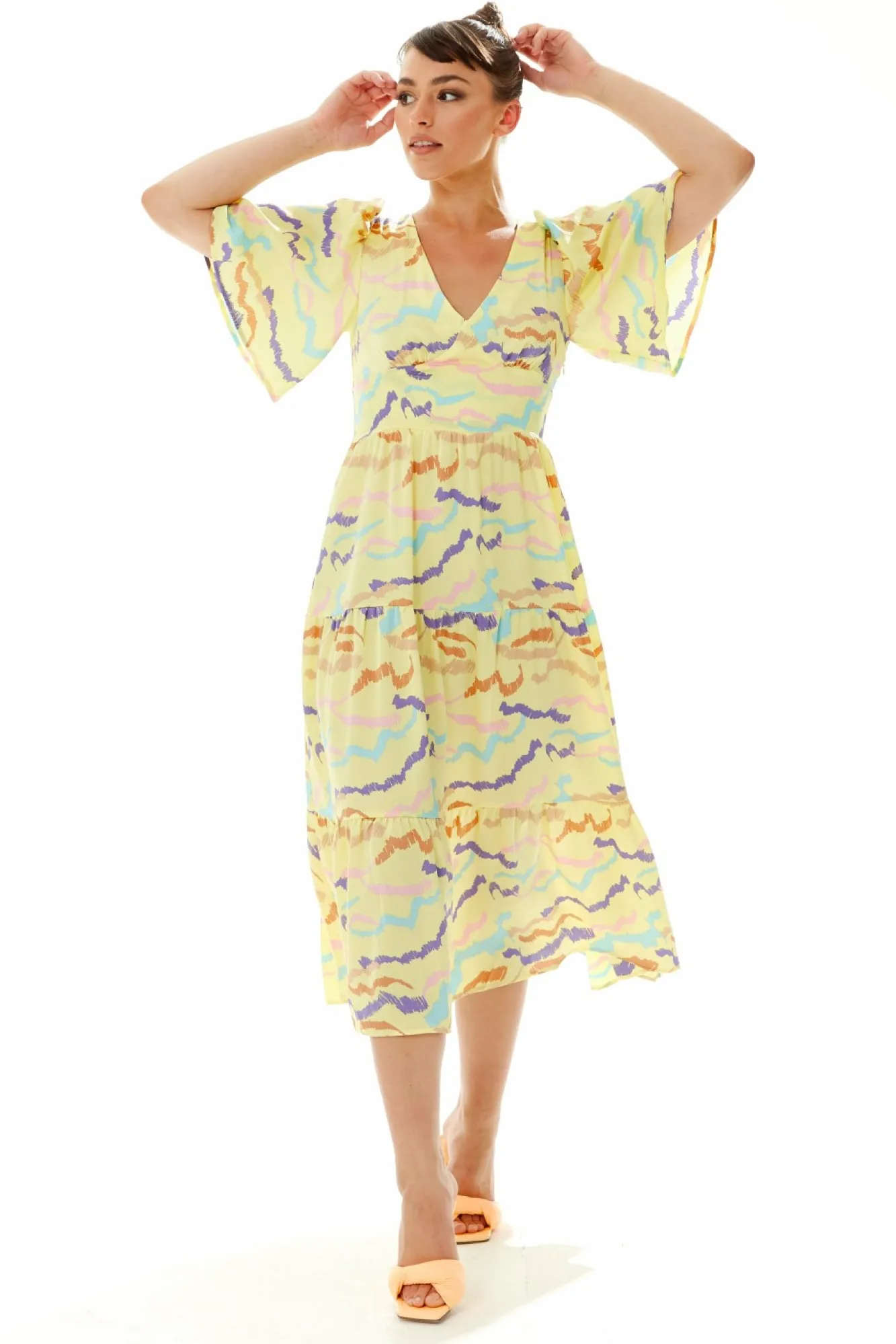 Midi Dresses^Liquorish Abstract Zebra Print Kimono Sleeves Midi Dress Yellow