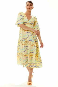 Midi Dresses^Liquorish Abstract Zebra Print Kimono Sleeves Midi Dress Yellow