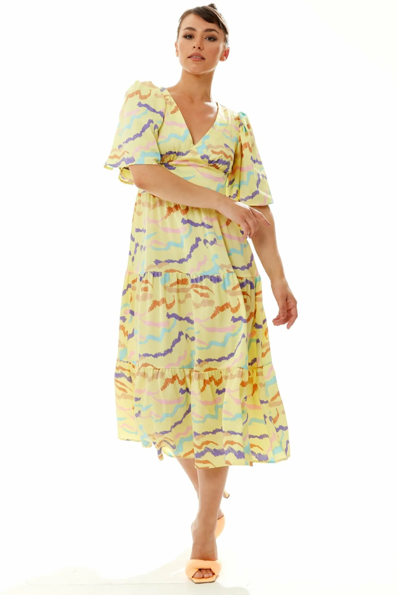 Midi Dresses^Liquorish Abstract Zebra Print Kimono Sleeves Midi Dress Yellow