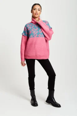 Jumpers^Liquorish Animal Pattern Roll Neck Jumper Pink