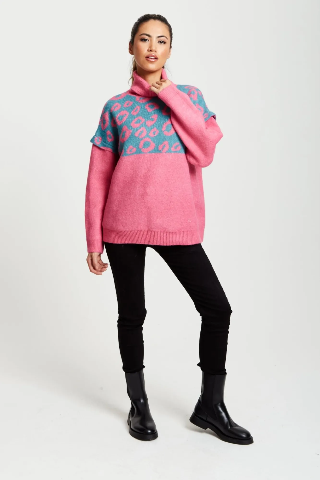 Jumpers^Liquorish Animal Pattern Roll Neck Jumper Pink