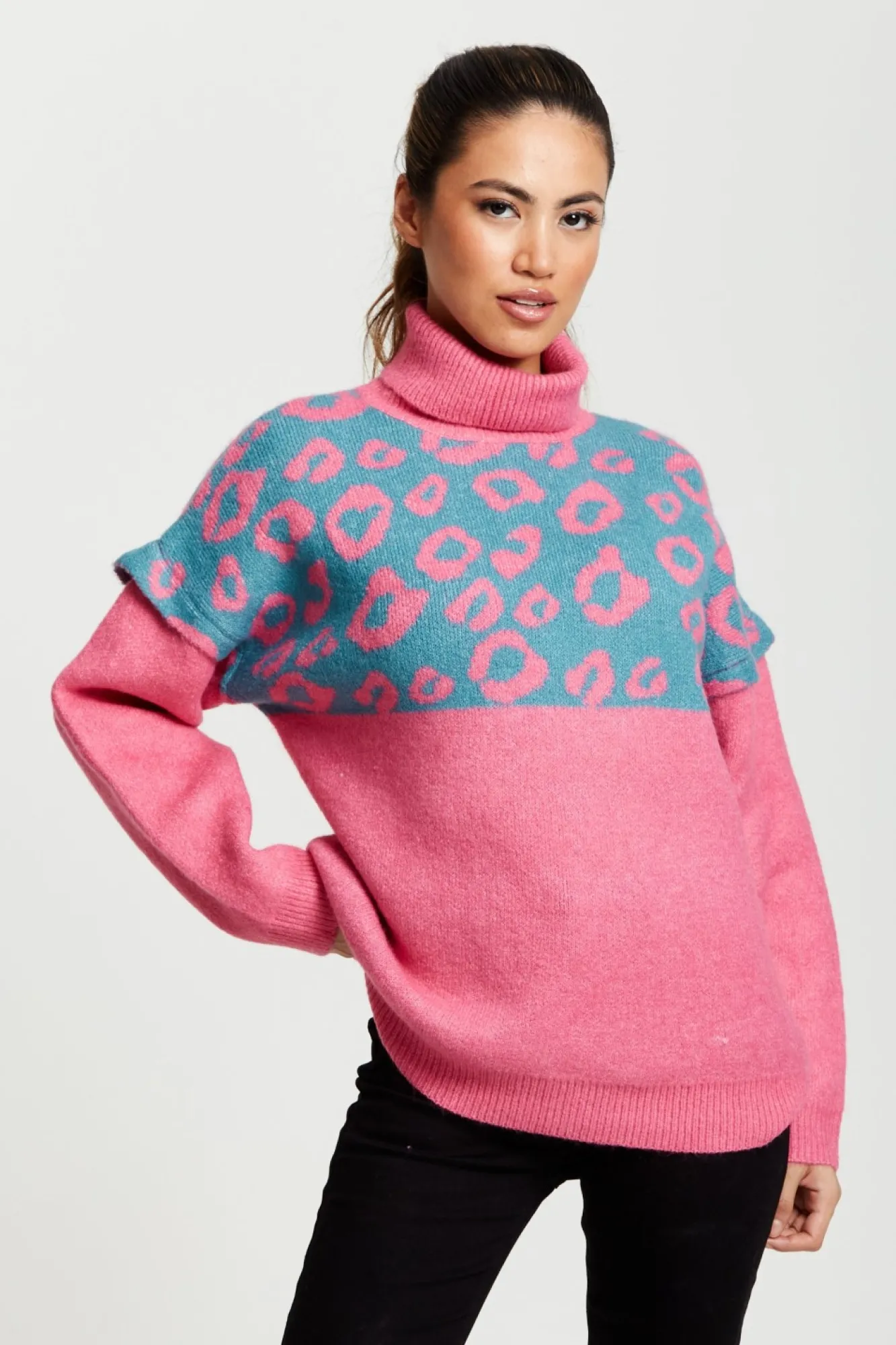 Jumpers^Liquorish Animal Pattern Roll Neck Jumper Pink
