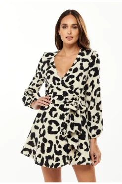 Mini Dresses^Liquorish Animal Print Mini Wrap Dress With Long Sleeves White