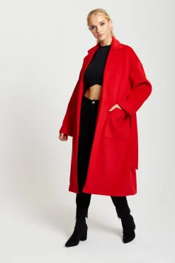 Outerwear^Liquorish Belted Longline Coat In Red