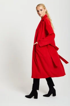 Outerwear^Liquorish Belted Longline Coat In Red