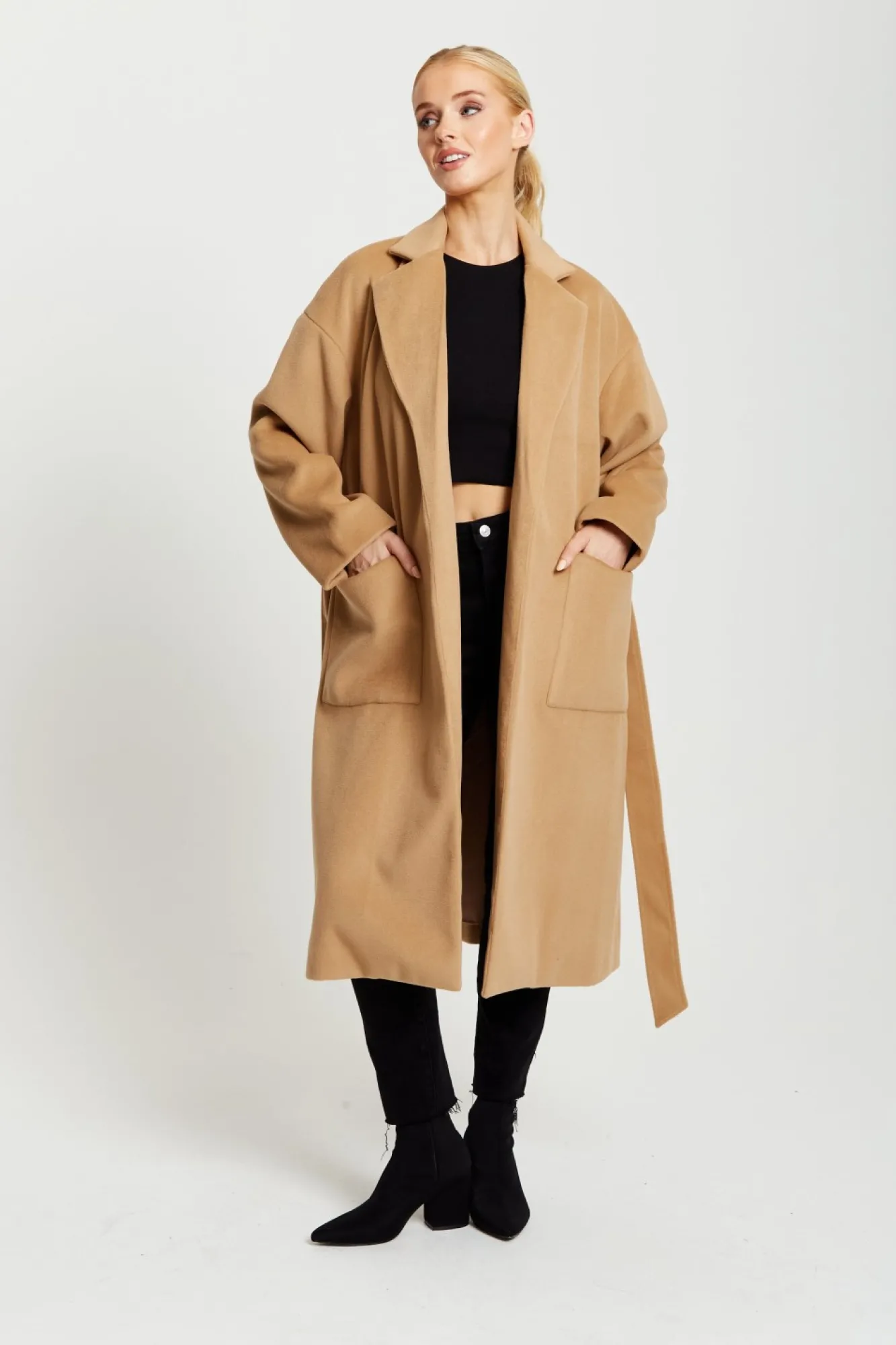 Outerwear^Liquorish Belted Longline Coat In Camel