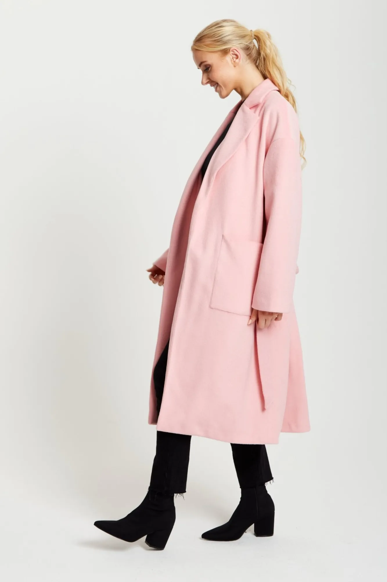 Outerwear^Liquorish Belted Longline Coat In Pink