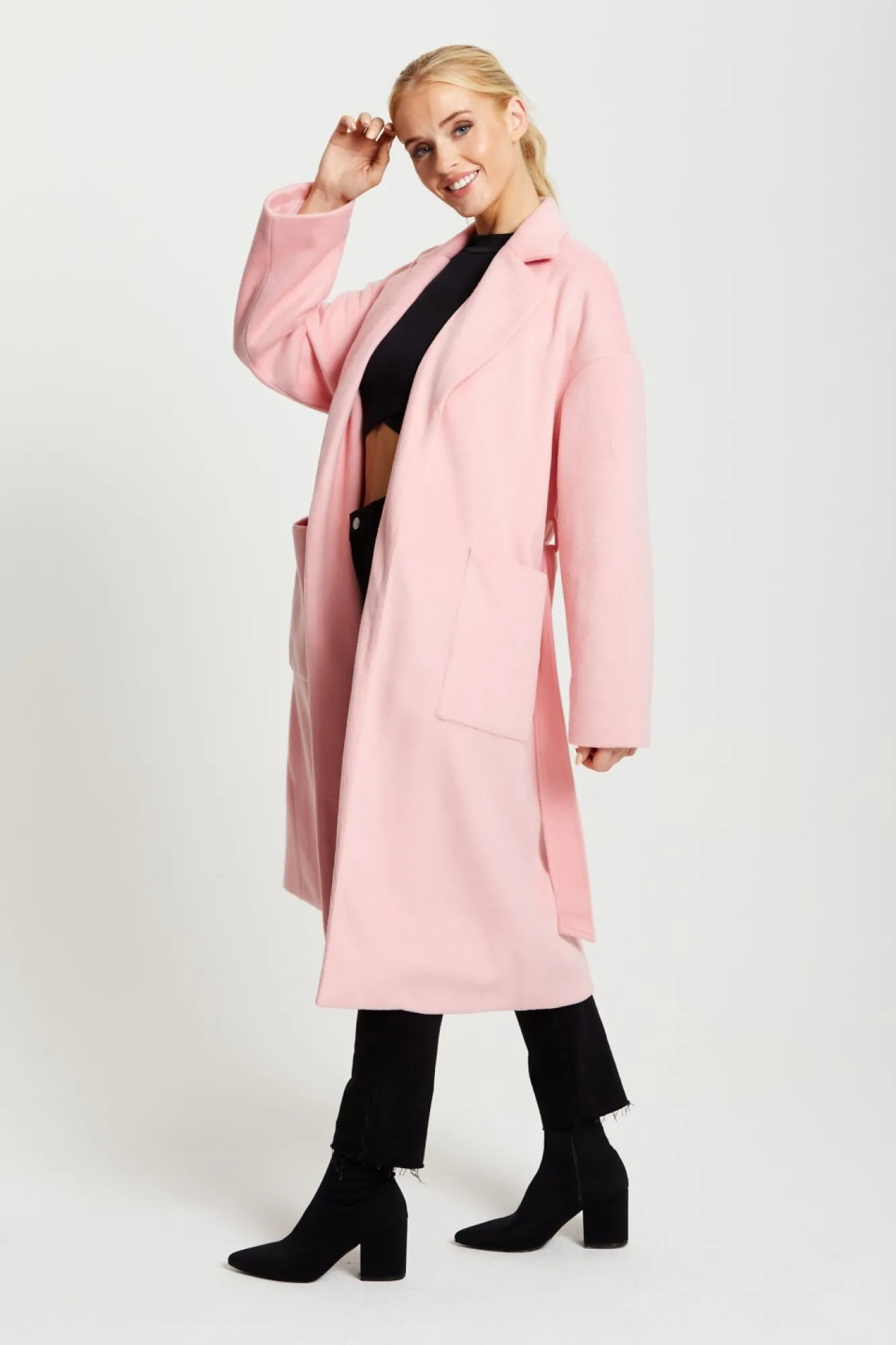 Outerwear^Liquorish Belted Longline Coat In Pink