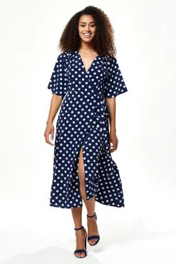 Midi Dresses^Liquorish Big Polka Dot Midi Wrap Dress Navy