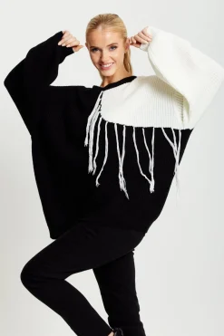 Knitwear^Liquorish Black And White Jumper With Tassel Detail Blackwhite