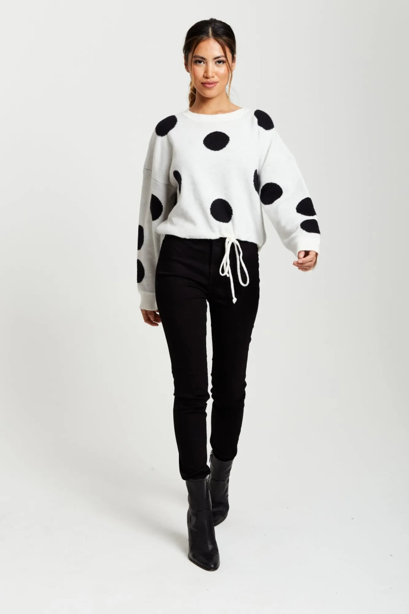 Jumpers^Liquorish Black Polka Dot Jumper In White