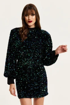 Mini Dresses^Liquorish Black Velvet Based Green And Blue Sequin Mini Dress Multicolor