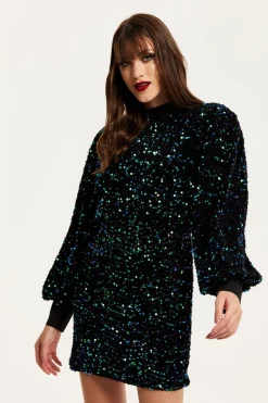 Mini Dresses^Liquorish Black Velvet Based Green And Blue Sequin Mini Dress Multicolor