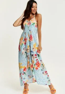 Midi Dresses^Liquorish Blue Floral Print Midi Asymmetrical Dress With Open Back Multicolor
