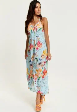 Midi Dresses^Liquorish Blue Floral Print Midi Asymmetrical Dress With Open Back Multicolor