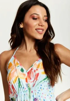 Midi Dresses^Liquorish Blue Floral Print Midi Asymmetrical Dress With Open Back Multicolor