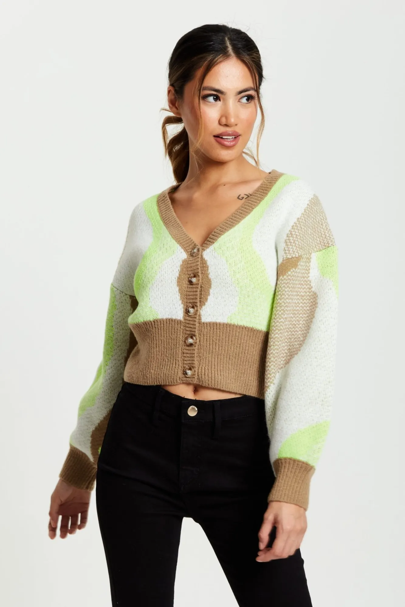Cardigans^Liquorish Cardigan In Brown, Green And Cream Multicolour