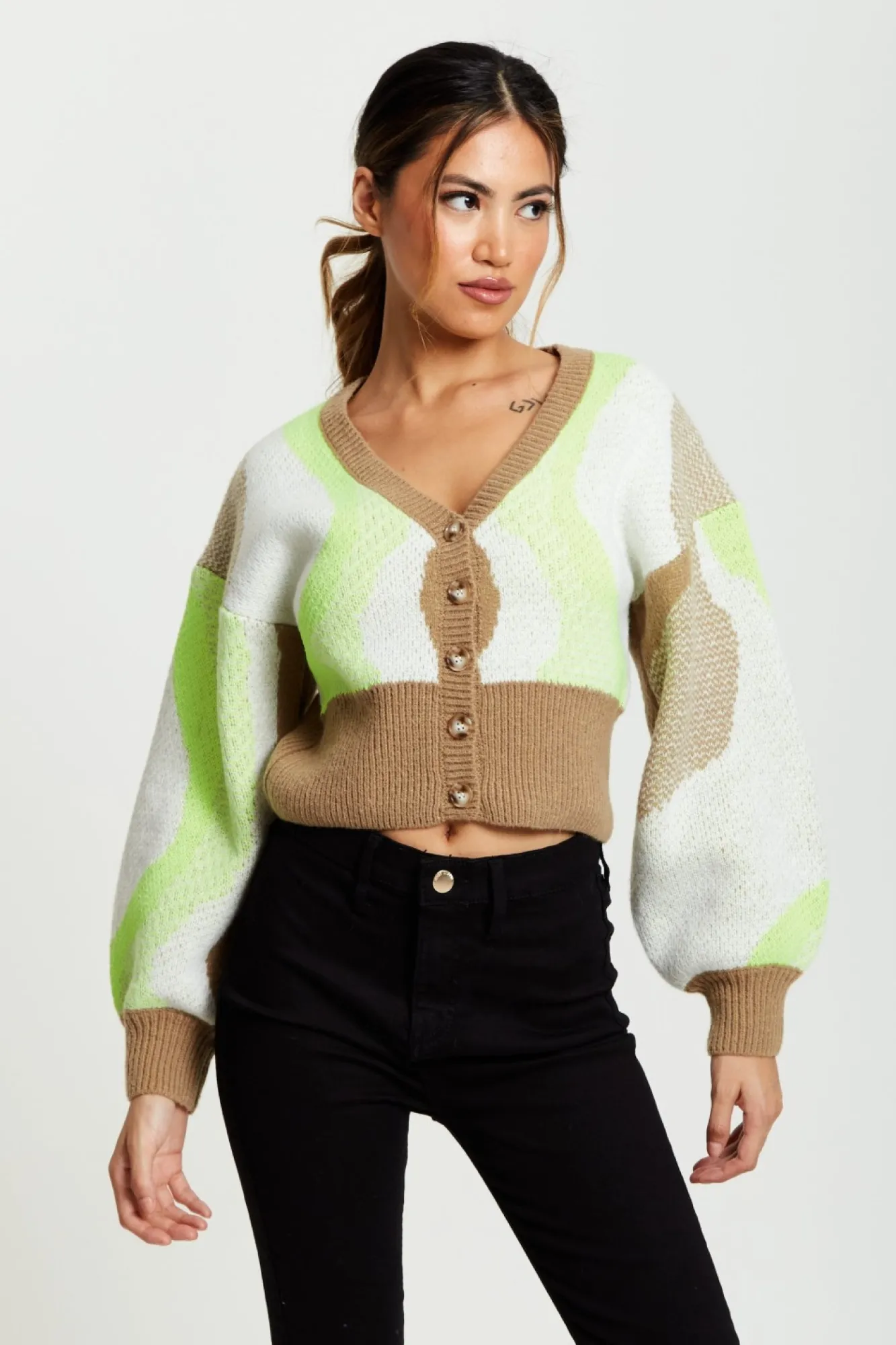 Cardigans^Liquorish Cardigan In Brown, Green And Cream Multicolour