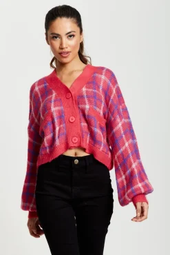 Cardigans^Liquorish Check V-Neck Button Down Cardigan In Pink