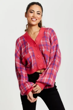Cardigans^Liquorish Check V-Neck Button Down Cardigan In Pink