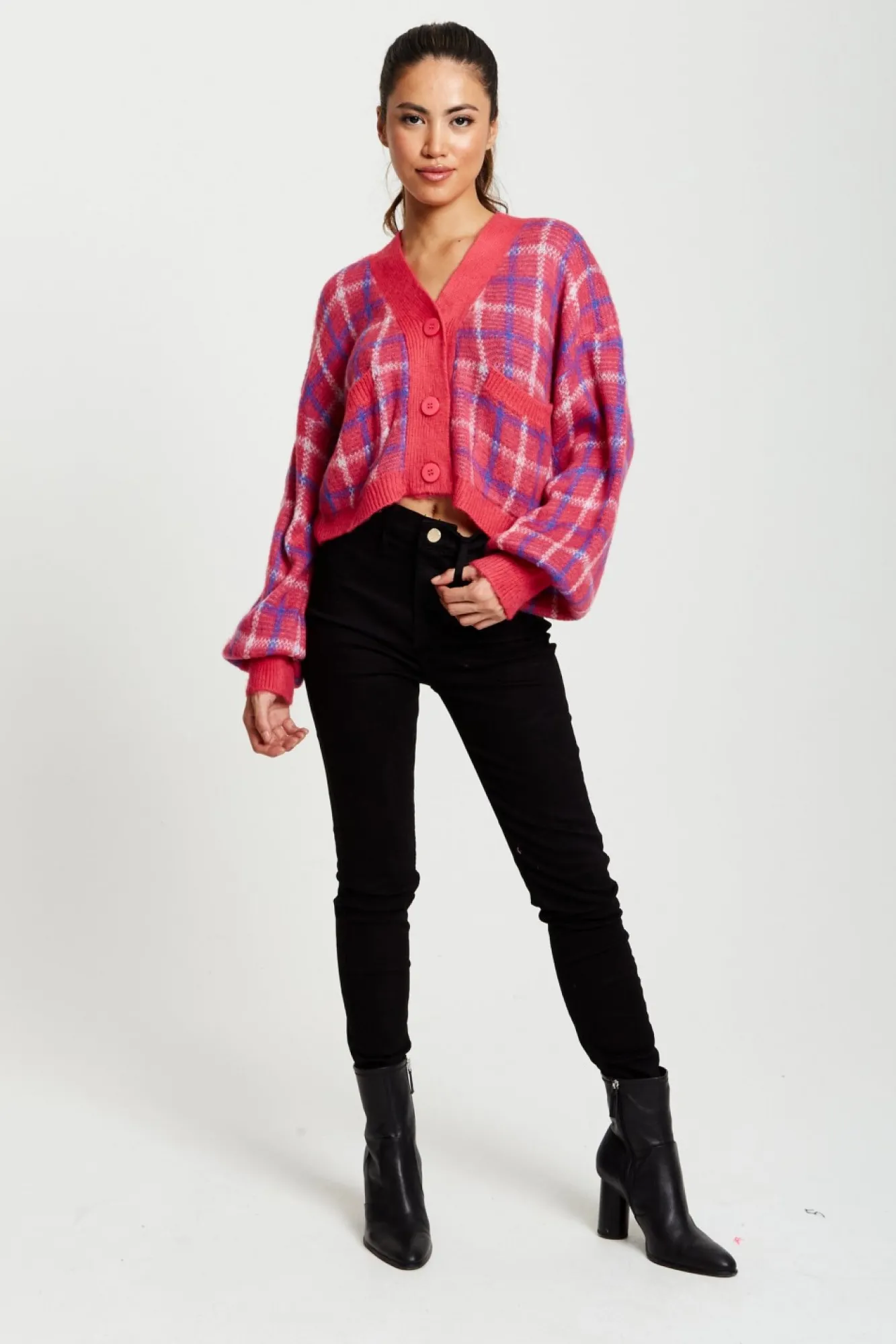 Cardigans^Liquorish Check V-Neck Button Down Cardigan In Pink