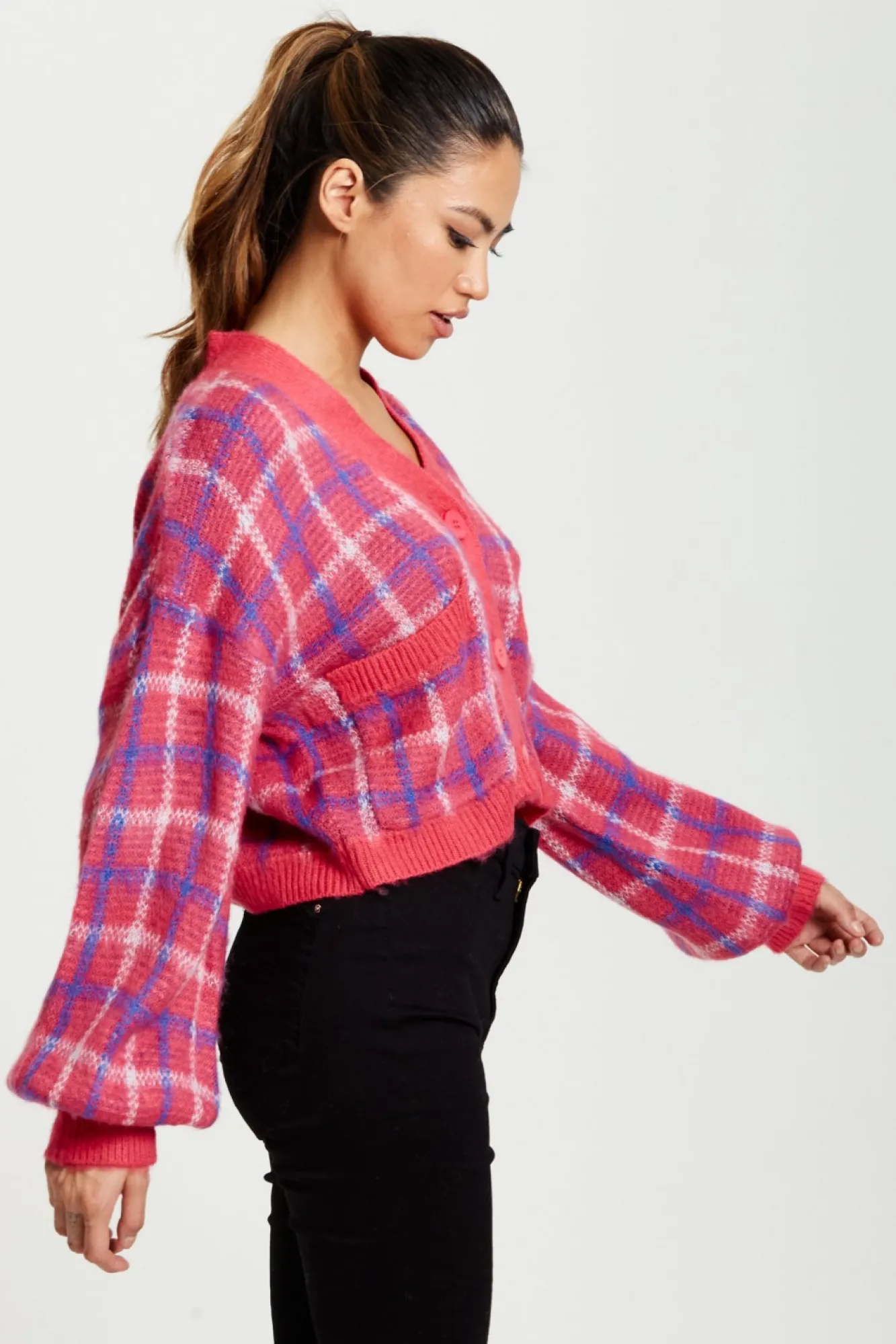 Cardigans^Liquorish Check V-Neck Button Down Cardigan In Pink