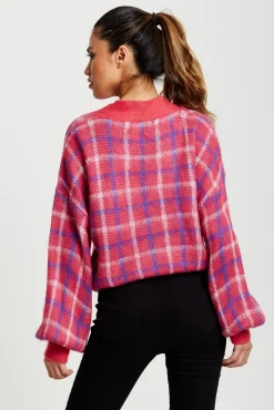 Cardigans^Liquorish Check V-Neck Button Down Cardigan In Pink