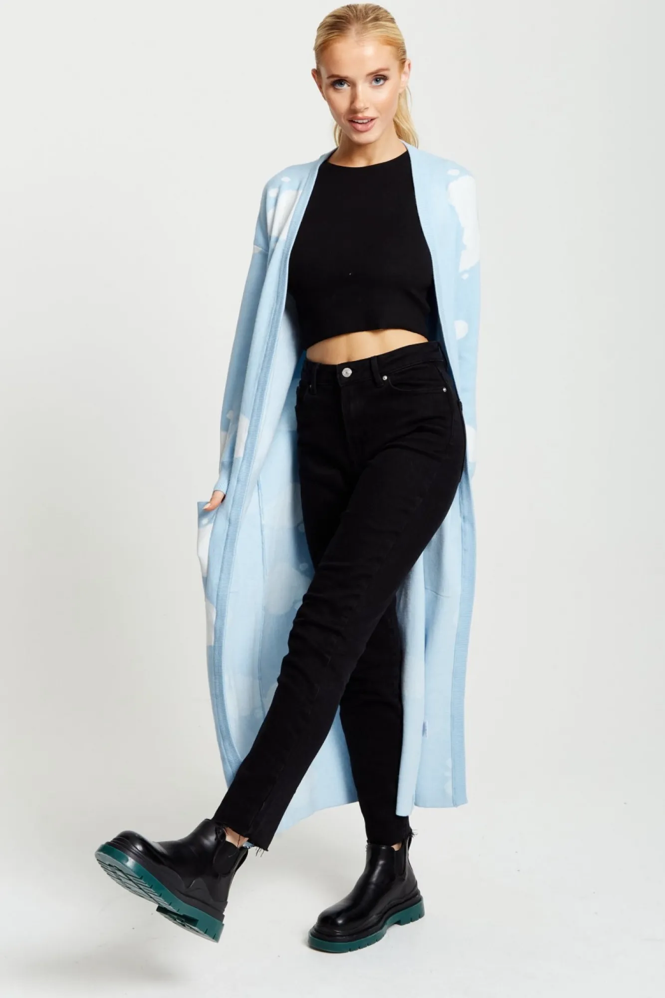 Cardigans^Liquorish Cloud Pattern Longline Cardigan In Light Blue