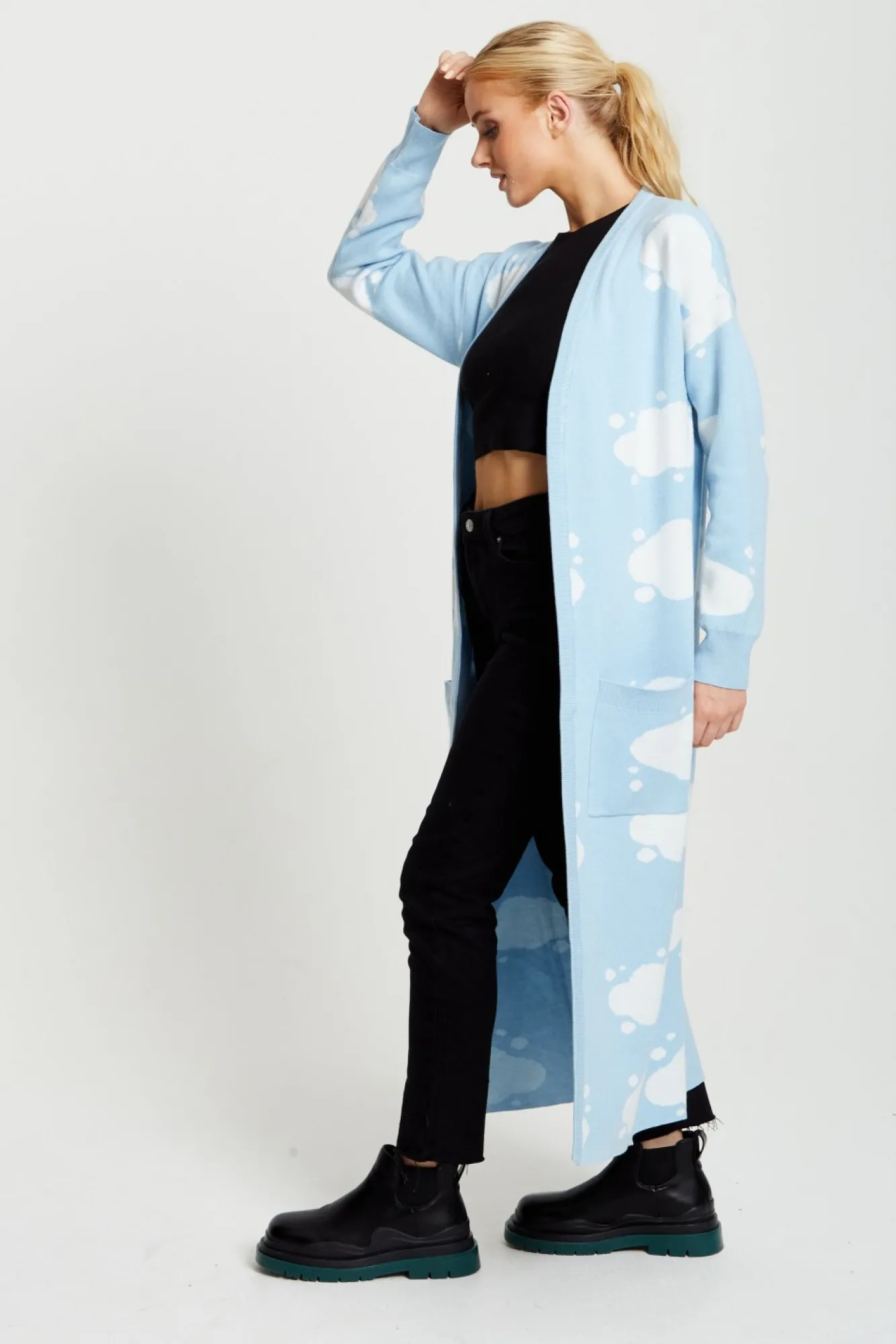 Cardigans^Liquorish Cloud Pattern Longline Cardigan In Light Blue