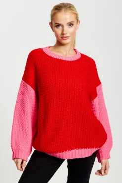 Jumpers^Liquorish Contrast Sleeve Jumper In Pink And Red Pinkred