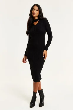 Midi Dresses^Liquorish Cut Out Front Cable Knit Midi Dress In Black