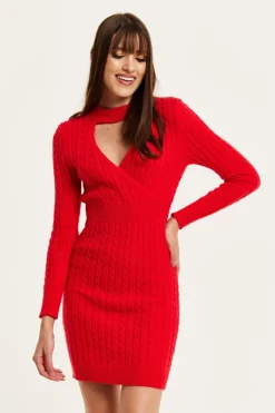 Mini Dresses^Liquorish Cut Out Front Cable Knit Mini Dress In Red