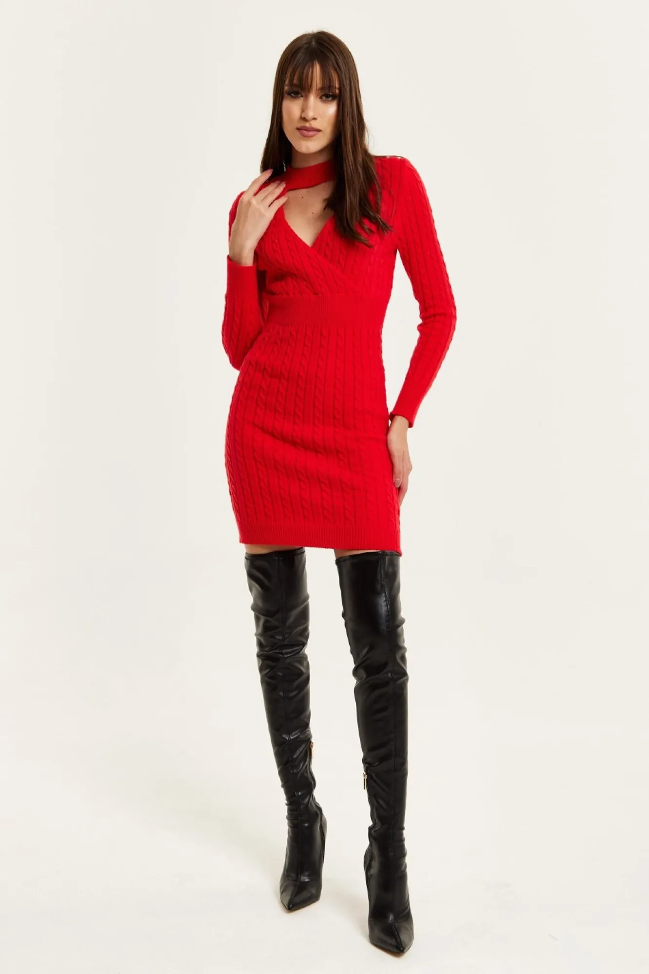 Mini Dresses^Liquorish Cut Out Front Cable Knit Mini Dress In Red