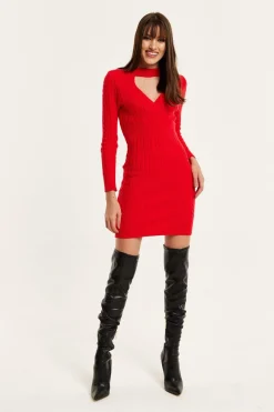 Mini Dresses^Liquorish Cut Out Front Cable Knit Mini Dress In Red