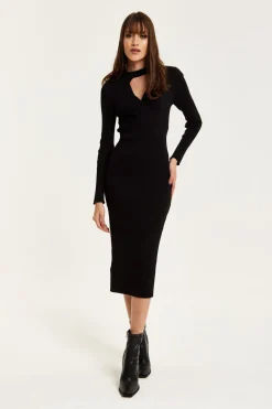 Midi Dresses^Liquorish Cut Out Front Ribbed Midi Knit Dress In Black