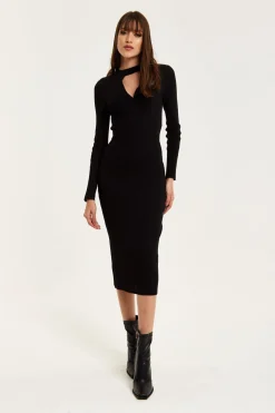 Midi Dresses^Liquorish Cut Out Front Ribbed Midi Knit Dress In Black