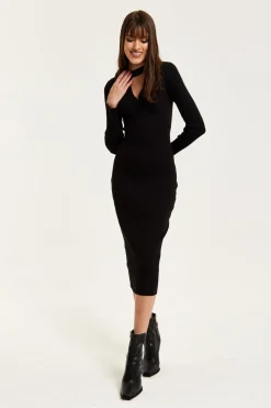 Midi Dresses^Liquorish Cut Out Front Ribbed Midi Knit Dress In Black