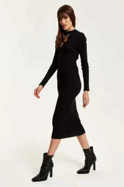 Midi Dresses^Liquorish Cut Out Front Ribbed Midi Knit Dress In Black