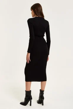 Midi Dresses^Liquorish Cut Out Front Ribbed Midi Knit Dress In Black