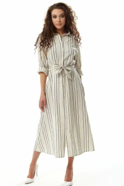 Midi Dresses^Liquorish Divine Grace Navy Stripe Button Up Mididress White