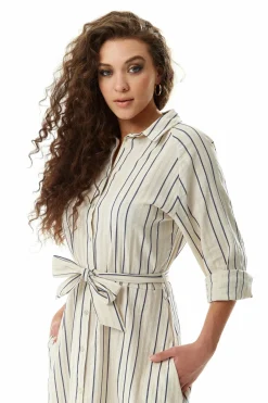 Midi Dresses^Liquorish Divine Grace Navy Stripe Button Up Mididress White