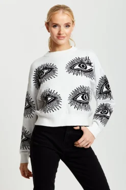 Jumpers^Liquorish Eye Pattern Jumper In White