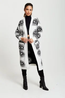 Cardigans^Liquorish Eye Pattern Longline Cardigan In White