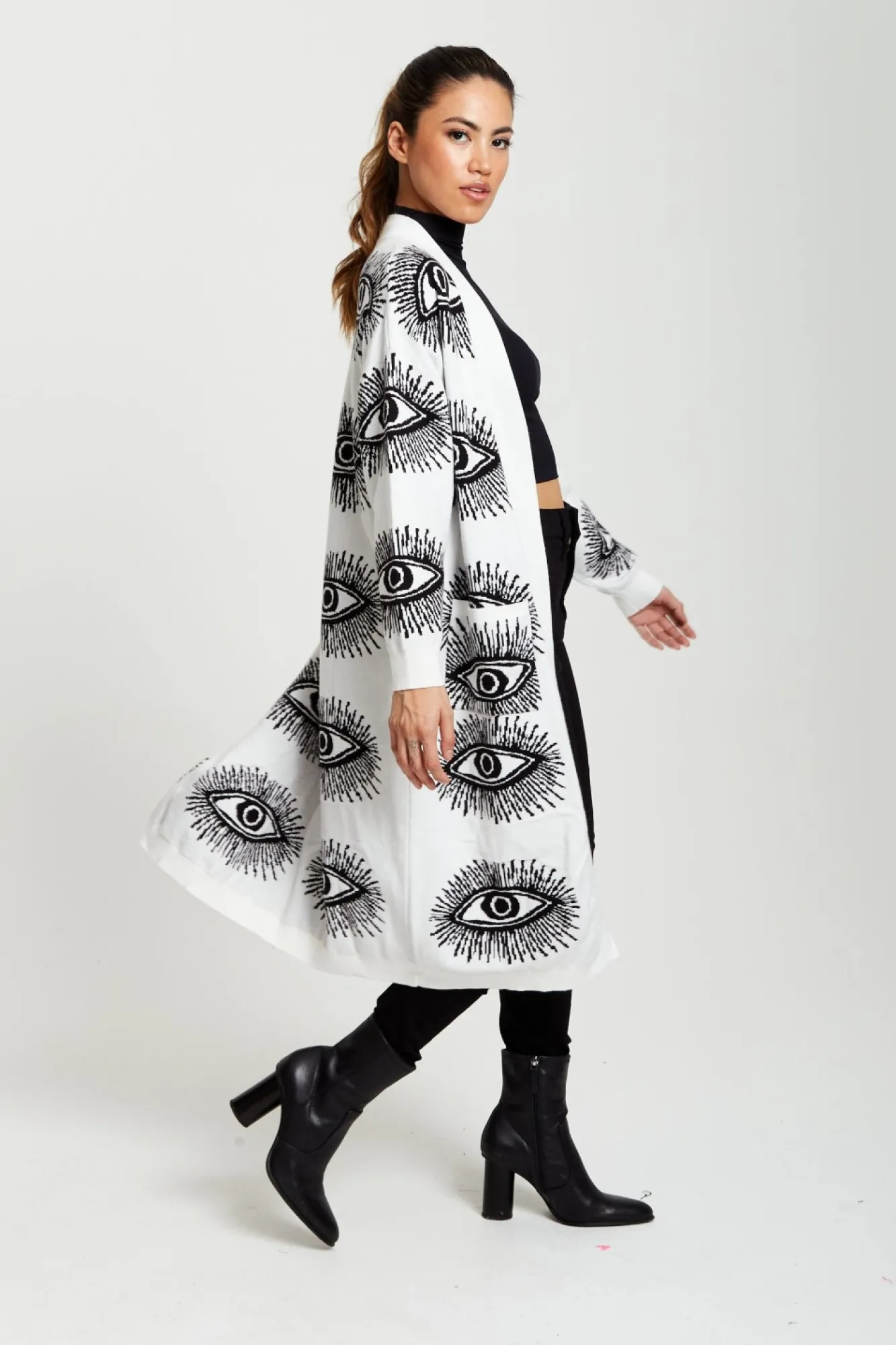 Cardigans^Liquorish Eye Pattern Longline Cardigan In White